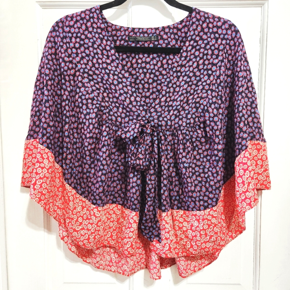 Zara Floral Colorblock Print Gathered Waist Tie Poncho Kimono Flowy Peasant Top